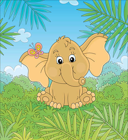 Little baby elephant sitting on green grass and playing with a small colorful butterfly against the background of palm branches and bushes of tropical savanna, vector cartoon illustrationのイラスト素材