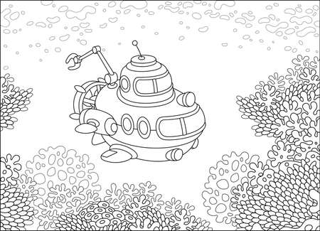 Exploratory deep-sea bathyscaphe with a manipulator swimming over coral reef in a tropical sea, black and white outline vector illustration for a coloring book pageのイラスト素材