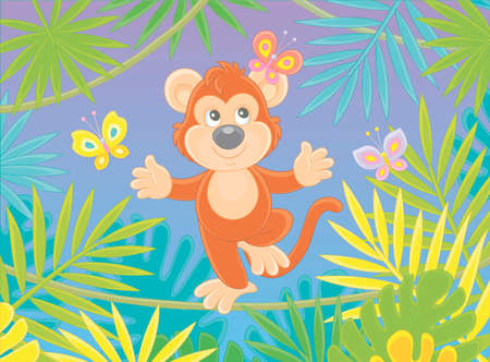 Funny cheerful monkey balancing on a long liana and playing with small colorful butterflies among palm branches in a tropical jungle, vector cartoon illustrationのイラスト素材