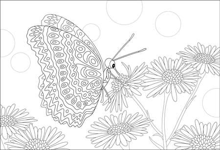Ornate butterfly drinking nectar on a beautiful wildflower on a summer field, black and white vector cartoon illustration for a coloring book pageのイラスト素材