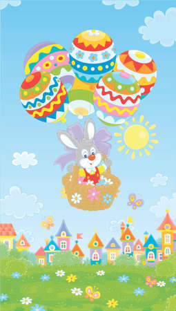 Little Easter bunny flying in its holiday basket with colorfully decorated balloons above a small toy town on a sunny spring day, vector cartoon illustrationのイラスト素材