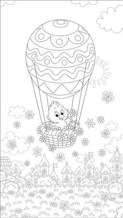 Little Easter chick flying in its holiday basket with a decorated balloon above a small toy town on a sunny spring day, black and white vector cartoon illustration for a coloring book pageのイラスト素材