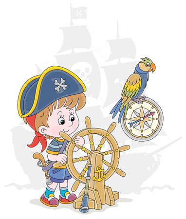 Little boy with a cocked sailor hat and a toy filibuster pistol playing a sea pirate with an old wooden ship steering helm, a compass and a funny parrot, vector cartoon illustrationのイラスト素材