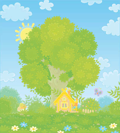 Small wooden house from a fairytale with decorations, a porch and a fence under a big branchy tree on a pretty forest glade on a sunny summer day, vector cartoon illustrationのイラスト素材