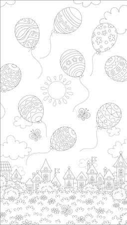 Decorated Easter balloons flying in the sky above a small toy town on a sunny spring day, black and white vector cartoon illustration for a coloring book pageのイラスト素材