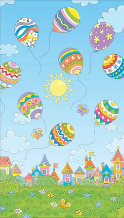 Colorfully decorated Easter balloons flying in the blue sky above a small toy town on a sunny spring day, vector cartoon illustrationのイラスト素材