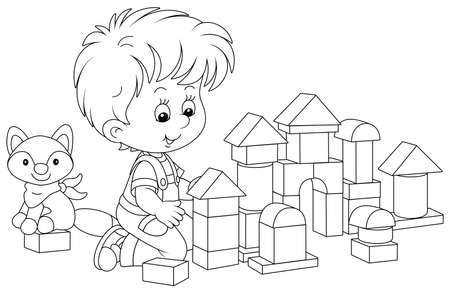 Little boy smiling, playing with bricks and constructing a toy fortress for a game, black and white vector cartoon illustration for a coloring book pageのイラスト素材