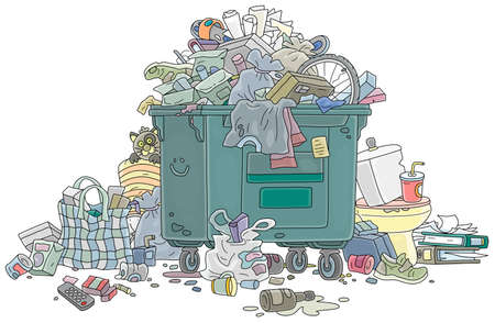 Crowded street litter bin with household garbage and waste, vector cartoon illustration on a white backgroundのイラスト素材