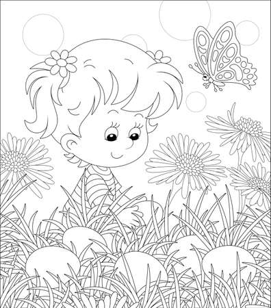 Eater egg hunt. Happy little girl seeking painted eggs among grass and flowers on a field at a traditional spring festival, black and white vector cartoon illustration for a coloring book pageのイラスト素材