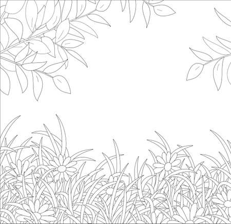 Natural spring background with tree branches over beautiful wildflowers among thick grass on a forest glade, black and white vector cartoon illustration for a coloring book pageのイラスト素材