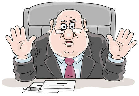Government official sitting at his desk, waving hands and making a speech at a meeting or at a press conference, vector cartoon illustration on a white backgroundのイラスト素材