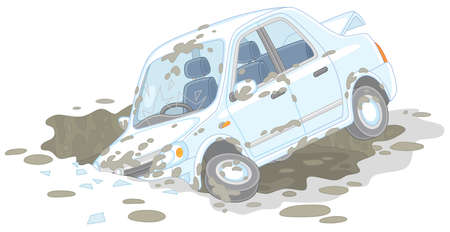 New white car had an accident in a giant dirty and deep pothole on a broken road, vector cartoon illustration isolated on a white backgroundのイラスト素材
