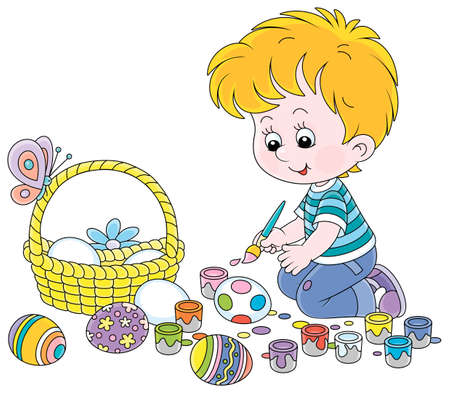 Happy little boy getting ready for the holiday, coloring and decorating Easter eggs with a paintbrush and bright and colorful paints, vector cartoon illustration on a white backgroundのイラスト素材