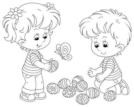 Happy and merry little children collecting decorated eggs after an Easter egg hunt on a spring field, black and white vector cartoon illustration for a coloring book pageのイラスト素材