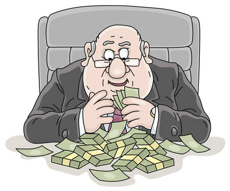 Joyful fat corrupt official sitting at his office desk and counting money received in a bribe, vector cartoon illustration on a white backgroundのイラスト素材
