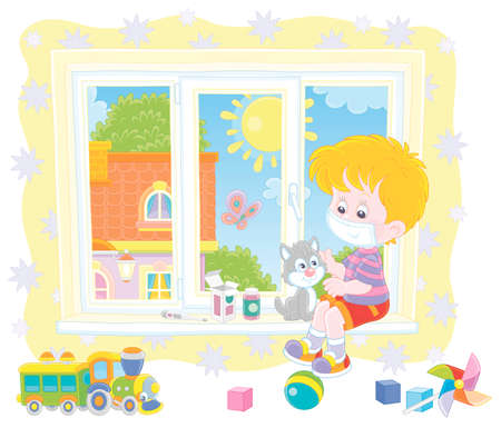Quarantine at home, a little boy wearing a protective mask, playing with a cute small kitten on a windowsill in a nursery room on a beautiful sunny day, vector cartoon illustrationのイラスト素材