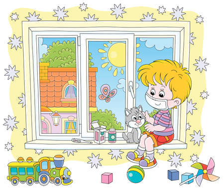 Quarantine at home, a little boy wearing a protective mask, playing with a cute small kitten on a windowsill in a nursery room on a beautiful sunny day, vector cartoon illustrationのイラスト素材