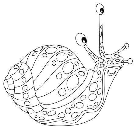 Funny garden snail with a beautiful striped and spotted shell, friendly smiling and slowly crawling somewhere, black and white vector cartoon illustration for a coloring book pageのイラスト素材