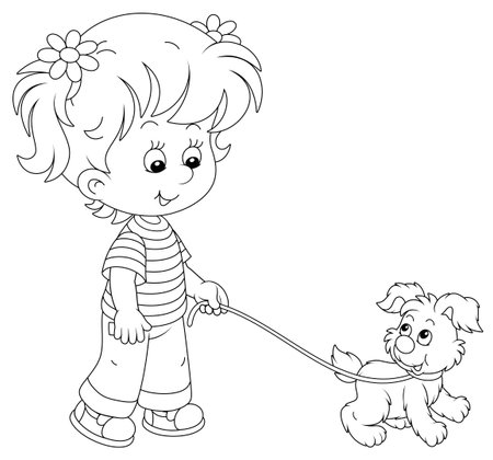 Cheerful little girl walking together with her merry small puppy, black and white vector cartoon illustration on a white backgroundのイラスト素材