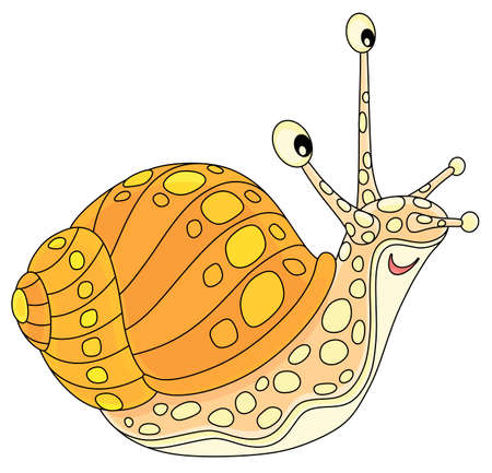 Funny garden snail with a beautiful striped and spotted shell, friendly smiling and slowly crawling somewhere, vector cartoon illustration on a white backgroundのイラスト素材