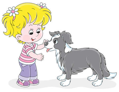 Cheerful little girl walking and playing with a small border collie, vector cartoon illustration on a white backgroundのイラスト素材