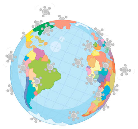 Global virus pandemic disease all over the planet, vector cartoon illustration on a white backgroundのイラスト素材