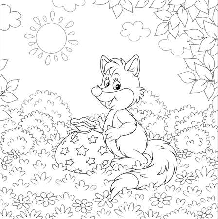 Friendly smiling little fox holding a beautiful bag with a holiday gift on grass of a pretty forest glade on a sunny summer day, black and white vector cartoon illustrationのイラスト素材