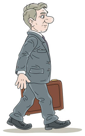 Successful businessman in gray suit, in profile, slightly smiling, holding a case and going forward, vector cartoon illustration on a white backgroundのイラスト素材