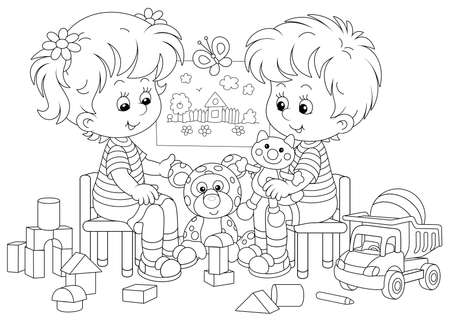 Cheerful small children playing with their funny toys in a nursery room, black and white outlined vector cartoon illustration for a coloring book pageのイラスト素材