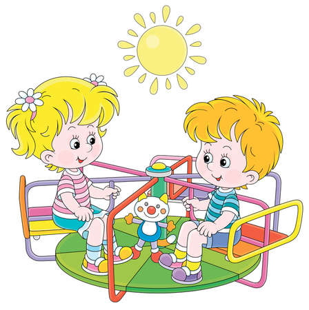 Cheerful small children playing and swinging on a colorful toy swing on a summer playground in a park, vector cartoon illustration on a white backgroundのイラスト素材