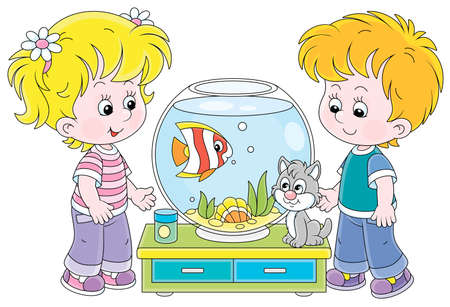 Cheerful small children and their cute kitten, friendly smiling, watching a funny aquarium fish and going to feed it, vector cartoon illustration on a white backgroundのイラスト素材