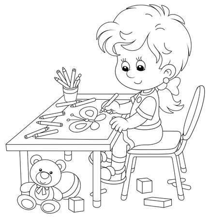 Smiling little girl sitting at her table and drawing with pencils a funny picture of a small beautiful butterfly, black and white outline vector cartoon illustration for a coloring book pageのイラスト素材