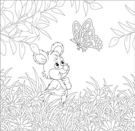 Little mouse friendly smiling and playing with a beautiful butterfly flittering over daisies hiding among grass of a pretty summer field on a sunny day, vector cartoon illustrationのイラスト素材