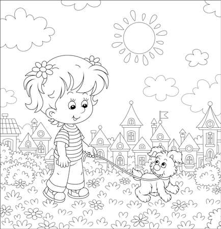 Cheerful little girl walking together with her merry small puppy in a pretty park of a small town on a sunny summer day, black and white outline vector cartoon illustration for a coloring book pageのイラスト素材