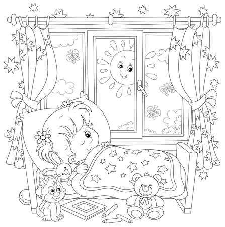 Little girl friendly smiling and waking up in her small bed in a nursery room with toys on a bright sunny morning, black and white outline vector cartoon illustration for a coloring book pageのイラスト素材