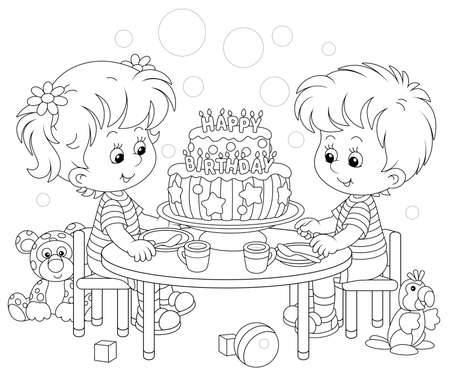Happy little kids friendly smiling and sitting round their festive board with a fancy birthday cake decorated with letters candles, black and white vector cartoon illustration for a coloring book pageのイラスト素材