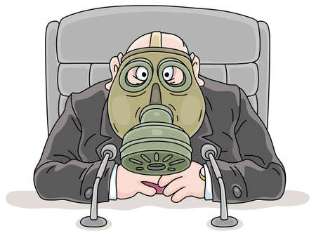 Government official fearful of infection in a protective gas mask making a very important official statement at a press conference, vector cartoon illustration on a white backgroundのイラスト素材