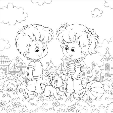 Smiling little children talking and walking together with a cheerful grey puppy in a pretty town park on a sunny summer day, black and white vector cartoon illustration for a coloring book pageのイラスト素材