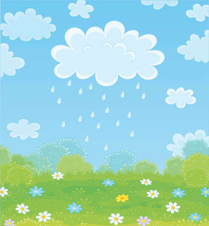 Funny plump rain cloud with dripping raindrops over a green field with beautiful flowers on a pretty summer rainy day, vector cartoon illustrationのイラスト素材