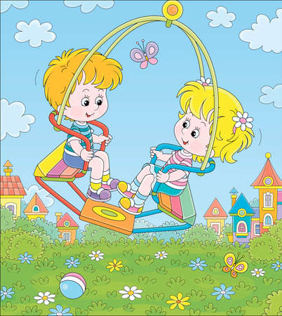 Cheerful little children swinging on a green summer playground in a park of a small colorful town on a warm sunny day, vector cartoon illustrationのイラスト素材