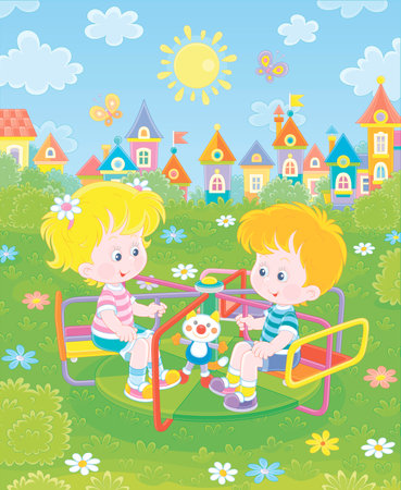 Cheerful small children playing and swinging on a colorful toy swing on a summer playground in a park of a pretty town on a sunny day, vector cartoon illustrationのイラスト素材