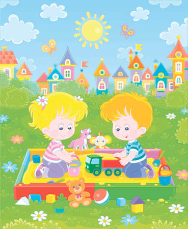 Happy children friendly smiling, romping and playing with their funny colorful toys in a sandbox on a playground in a green summer park of a pretty town on a warm sunny day, vector cartoonのイラスト素材