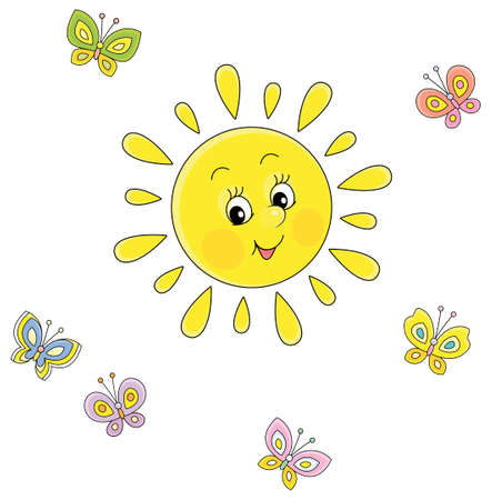 Friendly smiling sun playing with cheerful colorful butterflies flittering around on a pretty summer day, vector cartoon illustration on a white backgroundのイラスト素材