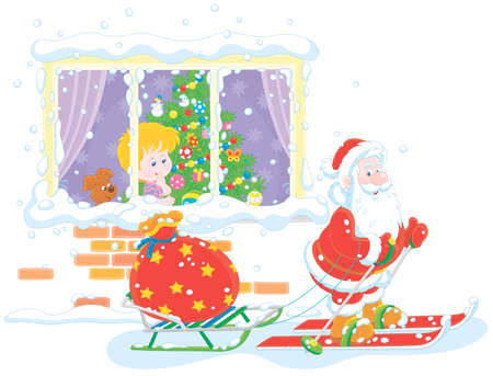 The night before Christmas, a little boy looking through a window at Santa Claus skiing with a sledge and his big bag of holiday gifts, vector cartoon illustrationのイラスト素材