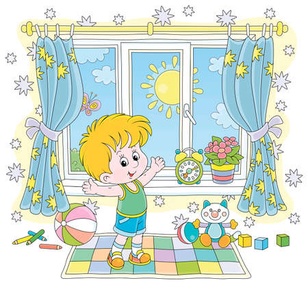 Little boy doing gymnastic exercises on a color carpet in his nursery room with toys on a sunny morning, vector cartoon illustration on a white backgroundのイラスト素材