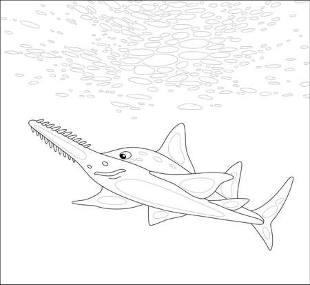 Large sinister marine largetooth sawfish swimming in depth of a tropical sea, black and white outline vector cartoon illustration for a coloring book pageのイラスト素材