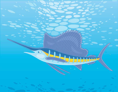 Large marine swordfish swimming in blue water of a deep tropical sea, vector cartoon illustrationのイラスト素材