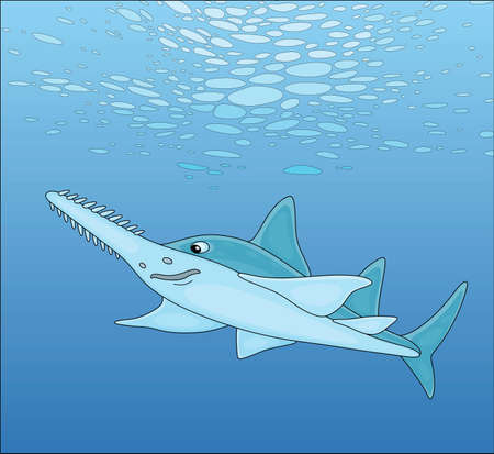 Large sinister marine largetooth sawfish swimming in blue water of a tropical sea, vector cartoon illustrationのイラスト素材