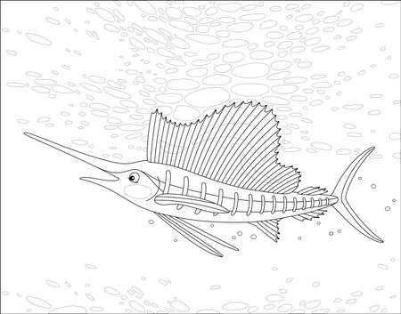 Large marine swordfish swimming in a deep tropical sea, black and white outline vector cartoon illustration for a coloring book pageのイラスト素材