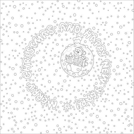 Greeting card with a Christmas tree ball, a funny snowman, holiday gifts and snowflakes, black and white outline vector cartoon illustrationのイラスト素材